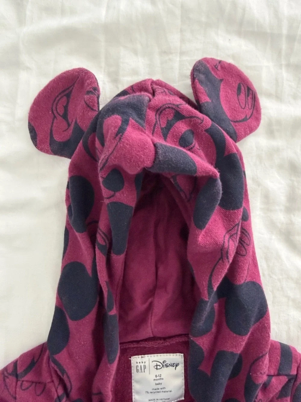 GAP Maroon Hooded Sweatshirt with Navy Mickey Print and Ear Hood baby 6 months